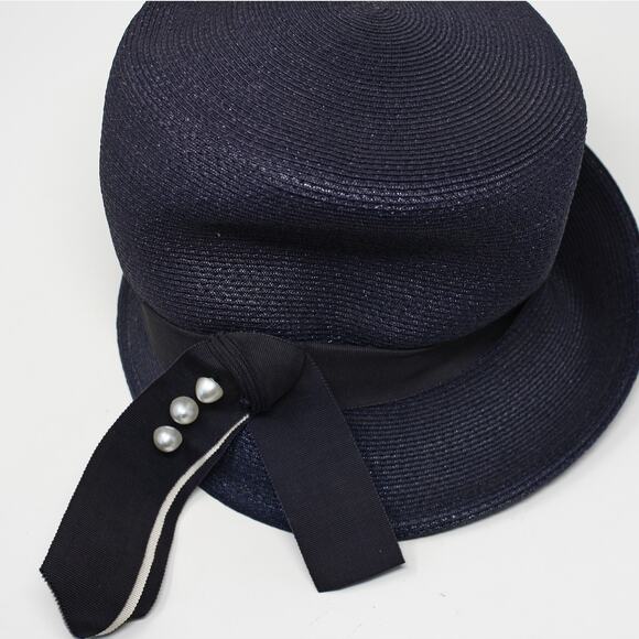 Vintage 50s Navy Cloche Hat White Button Trim Ribbon Bow Union Tag - Hey Viv - Picture 7 of 9